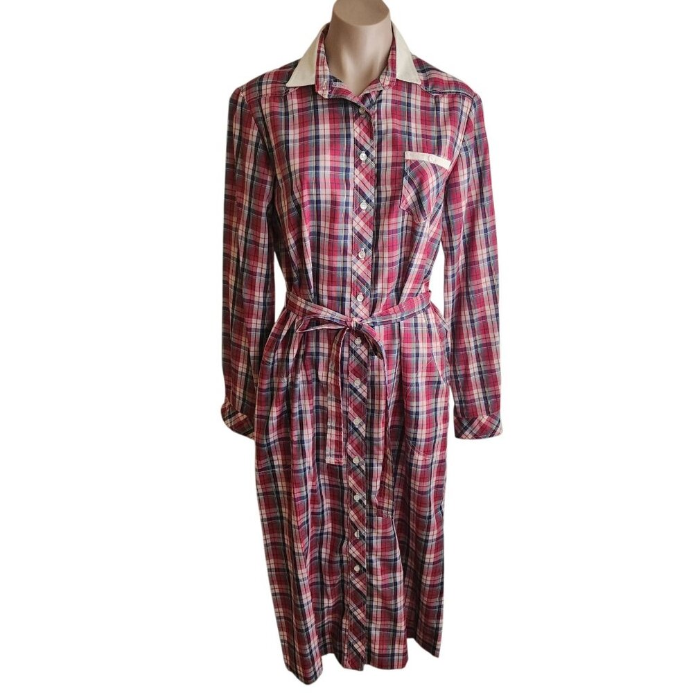 Vintage Lanz 1970s Belted Shirt Dress Western Red White Plaid Print Size 11/12